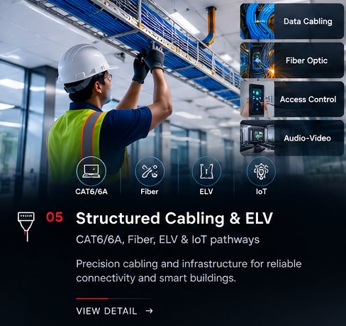 Structured Cabling & ELV — CAT6/6A, Fiber, ELV & IoT pathways